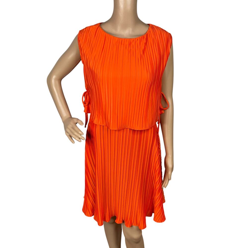 NWT DKNY Bright Orange Pleated Mini Dress Small S Overlay Side Tie Draped A-line